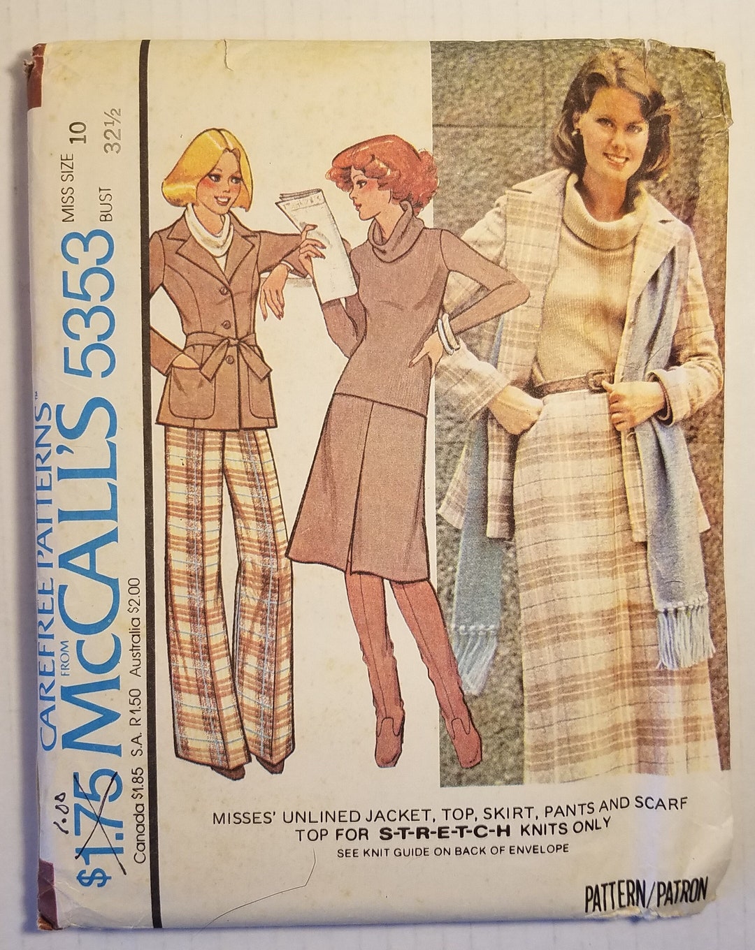 Sewing Pattern Misses Jacket Top Skirt Pants Scarf 1976 Mccall's # 5353 ...