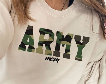 Sudadera de mamá del ejército, camisa de mamá del ejército, regalos de mamá del ejército, suéter de mamá del ejército, sudadera de mamá militar, camisa de mamá militar, cuello redondo de camuflaje