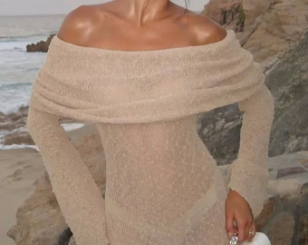 Long Sleeve Maxi Coverup Dress, Knitted Summer Sundress, Beachwear, Maxi Dress