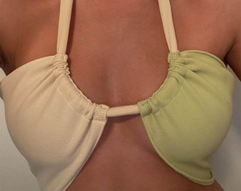 Adjustable Strap Tube Top, Green and Beige Tube Top, String Top, Summer Top 2024