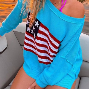 Suéter del Día de los Caídos, suéter de la bandera estadounidense, suéter del 4 de julio, orgullo americano, Dios bendiga a América, suéter de punto imagen 7