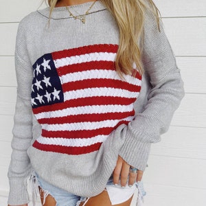 Suéter del Día de los Caídos, suéter de la bandera estadounidense, suéter del 4 de julio, orgullo americano, Dios bendiga a América, suéter de punto Gris