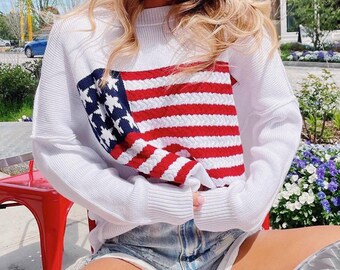 Memorial Day Sweater, American Flag Sweater, Fourth of July Sweater, American Pride, God Bless America,  Knitted Sweater