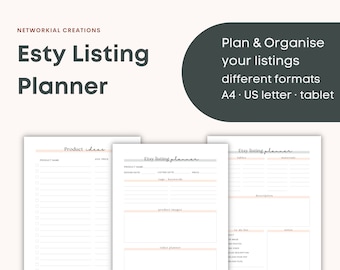 May include: A digital Etsy listing planner with three white pages featuring sections for product ideas, tags, keywords, and video planning. The text reads Networkial Creations, Esty Listing Planner, Plan & Organise your listings different formats A4, US letter, tablet.