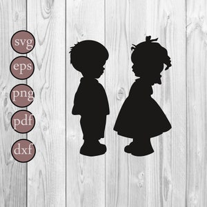 May include: Silhouette of a boy and girl standing side by side, facing each other. They are both wearing simple clothing and have their hair styled in a classic manner.