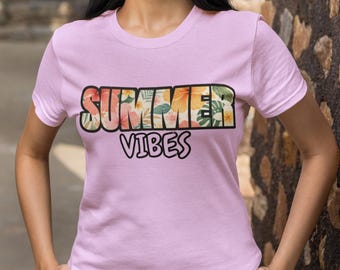 Summer Vibes T-Shirt | Tropical Floral Lettering, Beach Theme | Vacation Outfit | For Warm Weather