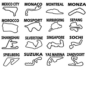 May include: A black and white illustration of 16 different race tracks, including Mexico City, Monaco, Montreal, Monza, Morocco, Mosport, Nurburgring, Sepang, Shanghai, Silverstone, Singapore, Sochi, Spielberg, Suzuka, Yas Marina, and Zandvoort.