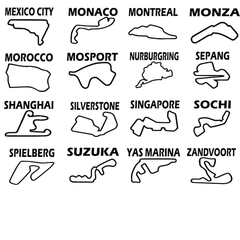May include: A black and white illustration of 16 different race tracks, including Mexico City, Monaco, Montreal, Monza, Morocco, Mosport, Nurburgring, Sepang, Shanghai, Silverstone, Singapore, Sochi, Spielberg, Suzuka, Yas Marina, and Zandvoort.