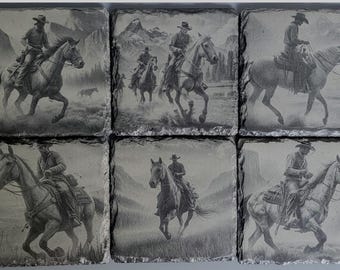 Laser Engraved Cowboy Slate Coasters: Western Decor Gift Set