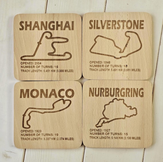 F1 Circuit Beech Wood Coaster Single or Sets - Formula 1 Race Track gift