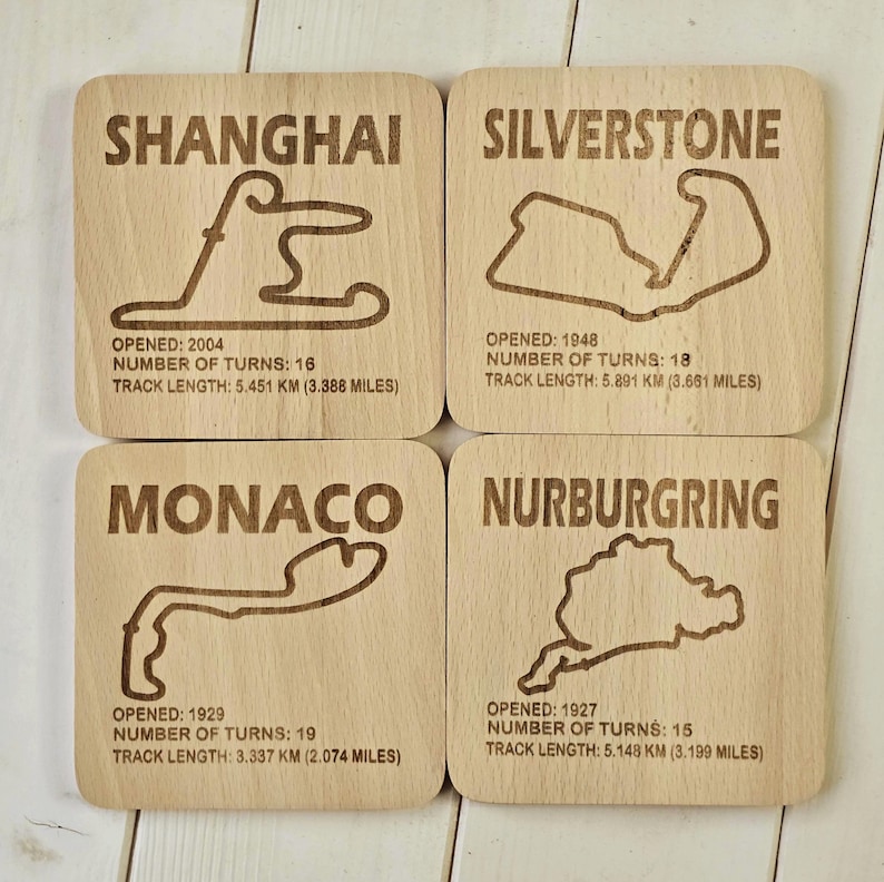 F1 Circuit Beech Wood Coaster Single or Sets - Formula 1 Race Track gift image 1