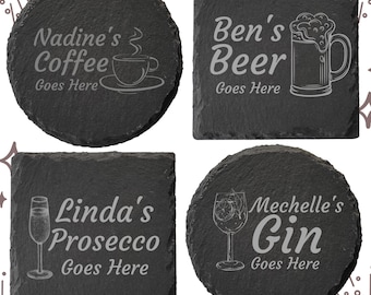 Dessous de verre en ardoise, cadeau personnalisé votre boisson ici, thé, café, gin, bière, vin, whisky, cadeau gravé au laser, mariage, anniversaire, anniversaire de mariage, Noël