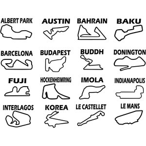 May include: A black and white illustration of 14 different race tracks, including Albert Park, Austin, Bahrain, Baku, Barcelona, Budapest, Buddh, Donington, Fuji, Hockenheimring, Imola, Indianapolis, Interlagos, Korea, Le Castellet, and Le Mans.