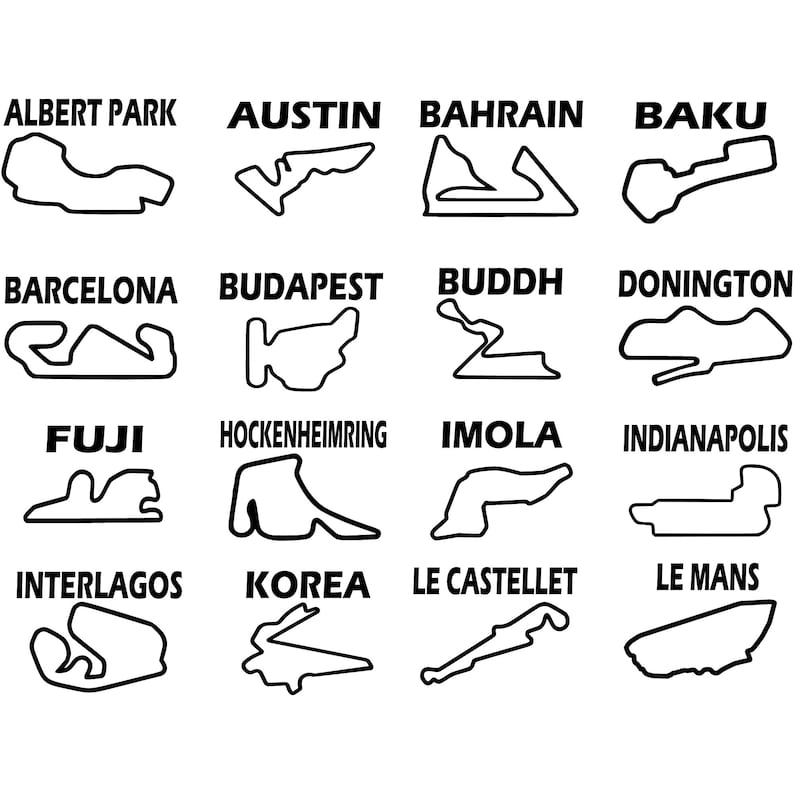 May include: A black and white illustration of 14 different race tracks, including Albert Park, Austin, Bahrain, Baku, Barcelona, Budapest, Buddh, Donington, Fuji, Hockenheimring, Imola, Indianapolis, Interlagos, Korea, Le Castellet, and Le Mans.