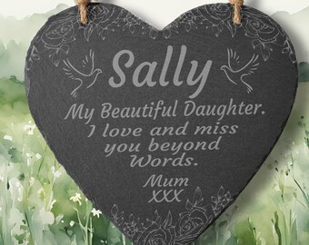 Personalised Dove Memorial Hanging Slate Heart, Loss of a Loved One, In Memory Of, Memorial Plaque