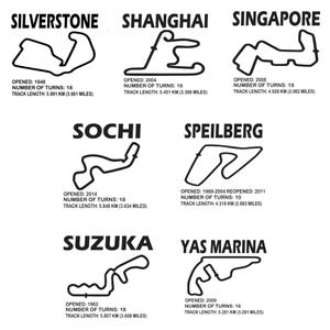 May include: A black and white infographic showing the track layouts of 10 Formula 1 race tracks. The tracks are labeled with the names Silverstone, Shanghai, Singapore, Sochi, Spielberg, Suzuka, and Yas Marina. Each track is labeled with the year it opened, the number of turns, and the track length in kilometers and miles.