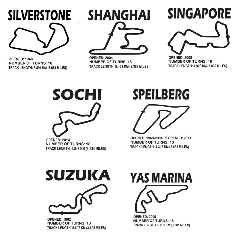May include: A black and white infographic showing the track layouts of 10 Formula 1 race tracks. The tracks are labeled with the names Silverstone, Shanghai, Singapore, Sochi, Spielberg, Suzuka, and Yas Marina. Each track is labeled with the year it opened, the number of turns, and the track length in kilometers and miles.