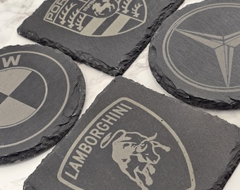 Laser Engraved Slate Coaster Car Logo, Luxury Car Brands, Sports Cars.