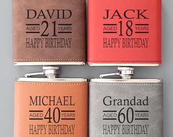 Petaca personalizada de piel sintética bicolor grabada a láser. Regalo de cumpleaños, para él, para 18, 21, 30, 40, 50, 60 y 70 años.