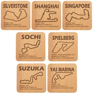 May include: A set of six wooden coasters featuring the names and track layouts of six famous Formula One racetracks: Silverstone, Shanghai, Singapore, Sochi, Spielberg, and Suzuka. Each coaster has the track name, the year it opened, the number of turns, and the track length in kilometers and miles.