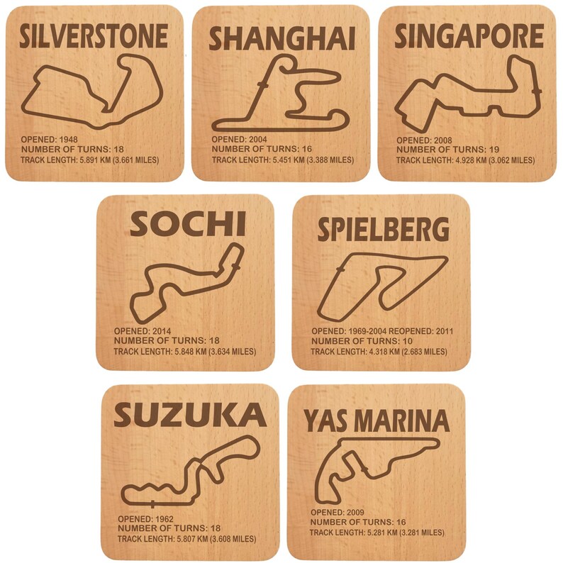 May include: A set of six wooden coasters featuring the names and track layouts of six famous Formula One racetracks: Silverstone, Shanghai, Singapore, Sochi, Spielberg, and Suzuka. Each coaster has the track name, the year it opened, the number of turns, and the track length in kilometers and miles.