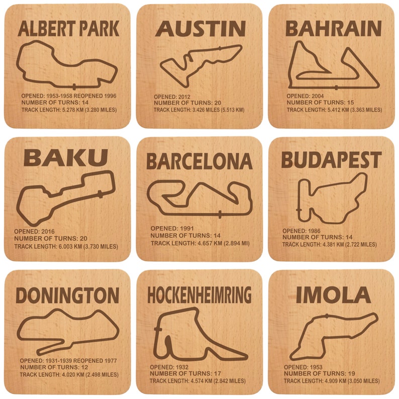 May include: A set of nine wooden coasters featuring illustrations of famous race tracks around the world. Each coaster includes the track name, the year it opened, the number of turns, and the track length in kilometers and miles.