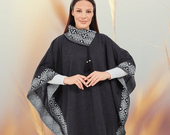 Wool Turtleneck Poncho Black - Gray Lace Embroidered Poncho - Pure and Soft Knitwear Poncho - Daily Poncho - Cape Women - Handmade Sweater