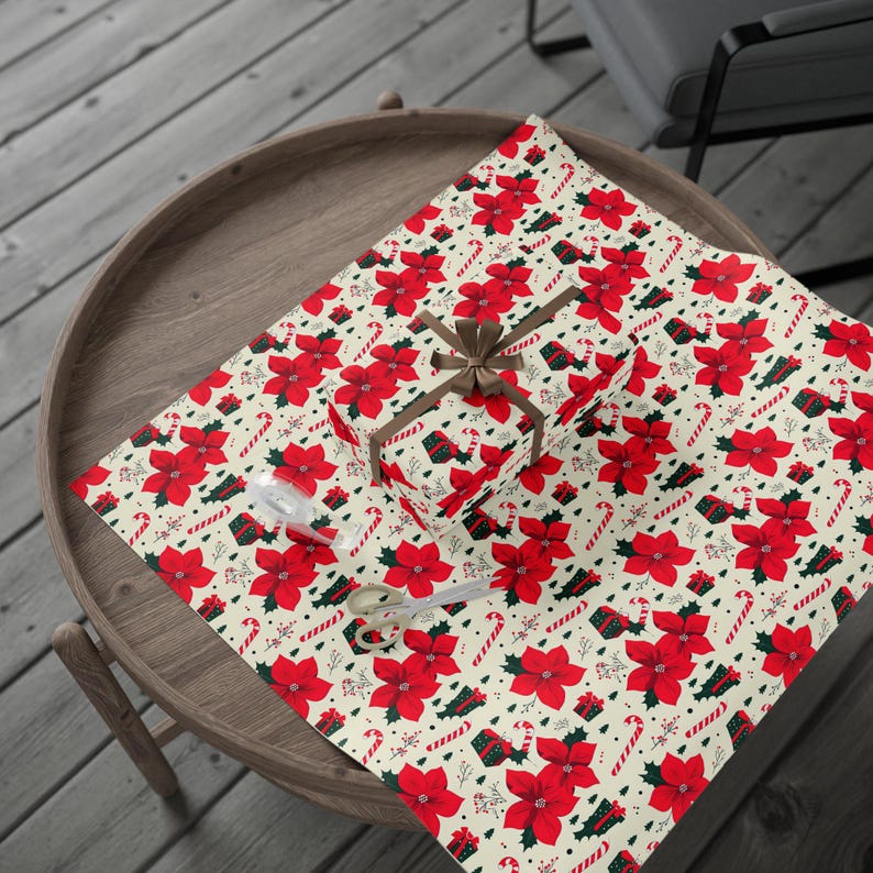 Poinsettia & Candy Cane Wrapping Paper | Holiday Gift Wrap Roll - Etsy