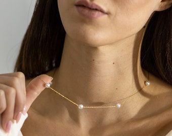 18K Gold Plated Pearl Station Necklace: Dainty Pearl Hoop Earrings, Gold Bridal Pearl Jewelry