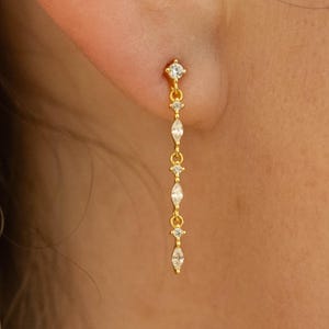 Dainty Dangle Diamond Earrings, Minimalist Diamond Drop Earrings in Sterling Silver, CZ gold Earrings, Everyday Earrings, Bridesmaid Gifts