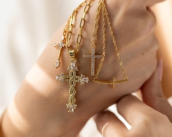 Dainty Gold Filled Cross, Cross Necklace, Handmade Jewelry, Custom Cross, 18k large water resistant Cz Gold Cross, Gift for Her