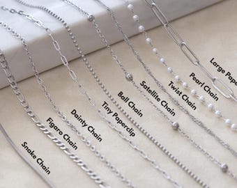 Waterproof Silver Chain Necklace, Cable Chain, Twist Rope, Curb Chains, Box Snake Chain, Dainty Pearl Necklace, Everyday Unisex Jewelry
