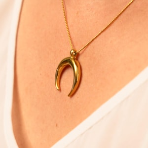 May include: A gold-colored crescent moon pendant necklace. The pendant is a curved, horn-like shape, suspended from a delicate gold chain. The necklace is worn against a white top, creating a contrast that highlights the jewelry.