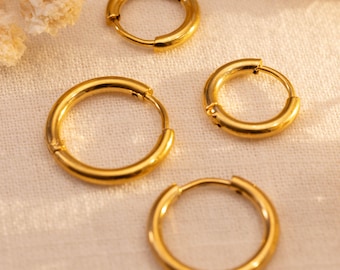 18K Gold Plated Hoop Earrings, Waterproof Non Tarnish Stainless Steel Hoops, 12 mm, 16 mm Hoops, Hypoallergenic Hoop, Unisex Hoops, For Him