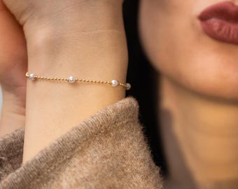 Pearl Ball Bracelet, Ball Chain Pearl Bracelet, Thin Beaded Pearl, Pearl Beaded Bracelet, Gift for Her
