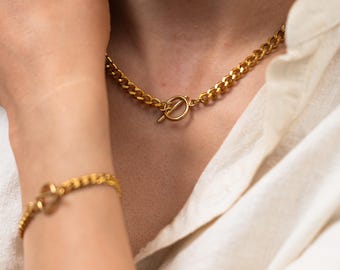 18K Gold Toggle Cuban Necklace, Layering Chain, 5mm Chunky Cuban Link Chain Bracelet, Waterproof Tarnish Free T-Clasp Jewelry