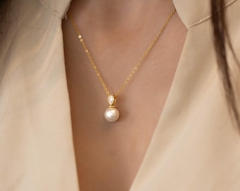 Sterling Silver Freshwater Pearl Necklace, CZ Diamond Floating Pearl Necklace, Solitaire Necklace, Bridal Necklace, Wedding Necklace