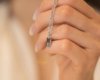 Dainty Silver Tiny Inital Tag Necklace, Custom Engraved Letter Pendant Necklace in Dainty Chain, Multi Tag Name, Gift For Her