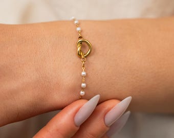 18K Gold Filled Knot Pearl Bracelet, Tie the Knot Bridesmaid Bracelets, Bridesmaid Bracelet, Wedding Jewelry, Simple Pearl Bracelet Gift