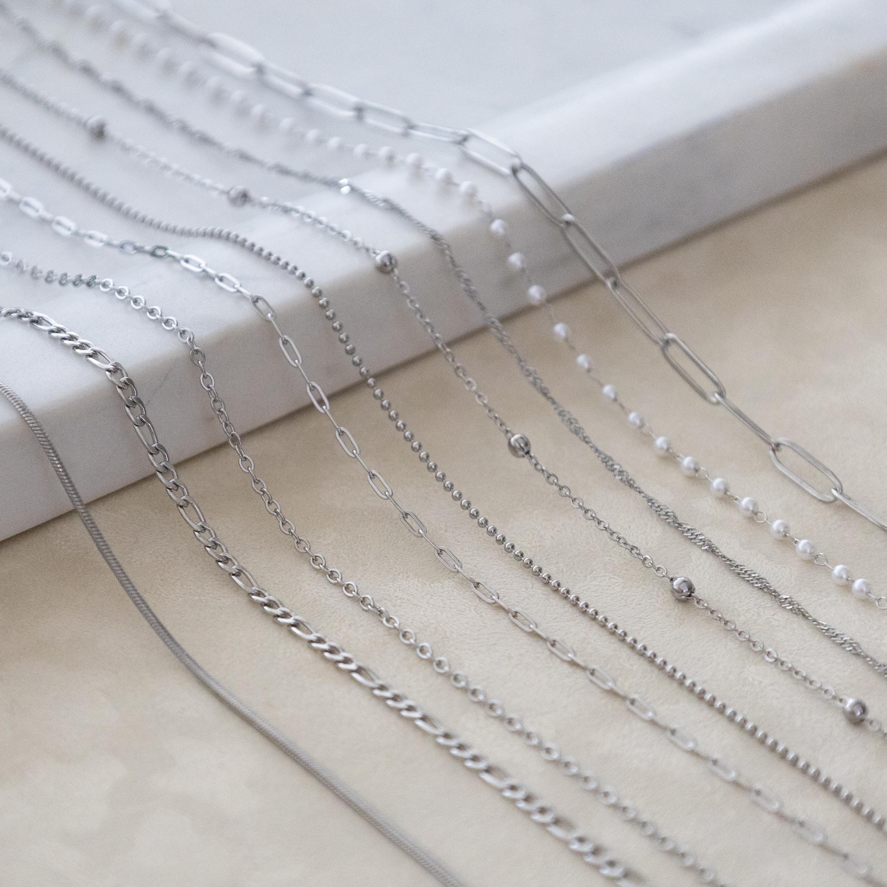 Waterproof Silver Chain Necklace, Cable Chain, Twist Rope, Curb Chains ...