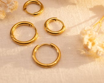 18K Gold Plated Hoop Earrings, Waterproof Non Tarnish Stainless Steel Hoops, 12 mm, 16 mm Hoops, Hypoallergenic Hoop, Unisex Hoops, For Him