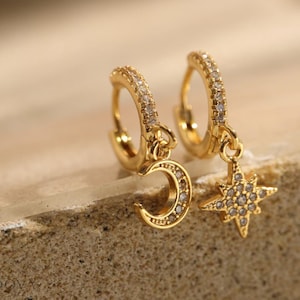 Gold Moon Star Dangle Earrings: Waterproof Non Tarnish Jewelry