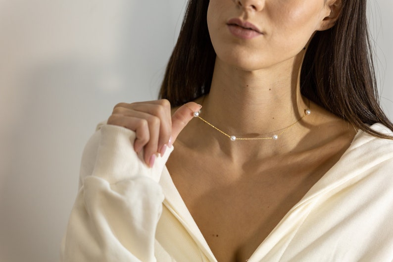 Tiny Pearl Station Necklace, Gold Pearl Necklace, Pearl Jewelry Set, Pearl Necklace and Earring Set, Bridesmaid Gifts