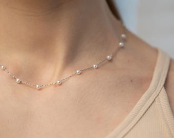 Handmade Silver Pearl Satellite Chain Necklace, Waterproof and Non Tarnish Link Necklace for Women, Minimalist Elegant Dainty Chain