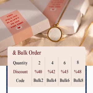 May include: A gold-colored necklace with a round pendant featuring a white, iridescent surface. The image also shows white gift boxes with a pink label that reads "THIS PACKAGE IS HAPPY TO SEE YOU TOO!" and a bulk order discount chart.