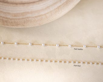 Handmade Pearl Chain Necklace, Satellite Pearl Chain, 18K Gold Pearl Bead Chain Necklace, Stainless Steel Everyday Jewelry, Gifts for Her