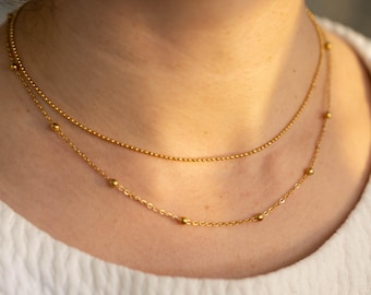 18K Gold-Plated Necklace Set: Satellite Chain Necklace, Gold Beaded Necklace, Layered Chain Necklace
