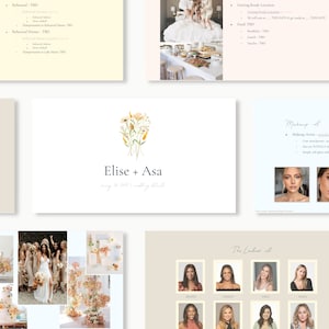 May include: A wedding planning presentation with a floral design and the names Elise and Asa. The presentation includes information about the wedding date, venue, catering, makeup artist, and bridal party.