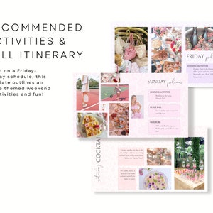 Peut inclure: Un mod&egrave;le num&eacute;rique avec le texte "RECOMMENDED ACTIVITIES & FULL ITINERARY". Le mod&egrave;le comprend des images de nourriture, de boissons et d'activit&eacute;s, avec des zones de texte d&eacute;crivant un programme de week-end &agrave; th&egrave;me. La palette de couleurs est principalement rose et blanc.
