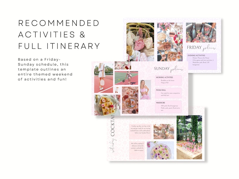 Peut inclure: Un mod&egrave;le num&eacute;rique avec le texte "RECOMMENDED ACTIVITIES & FULL ITINERARY". Le mod&egrave;le comprend des images de nourriture, de boissons et d'activit&eacute;s, avec des zones de texte d&eacute;crivant un programme de week-end &agrave; th&egrave;me. La palette de couleurs est principalement rose et blanc.